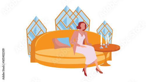 Woman in white dress sitting on yellow sofa with candles and geometric window design behind her
