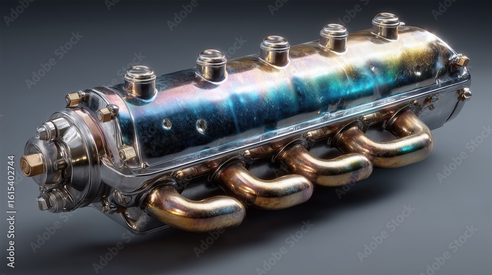 Naklejka premium Detailed Automotive Engine With Chrome And Silver Metallic Shine Under Studio Lighting