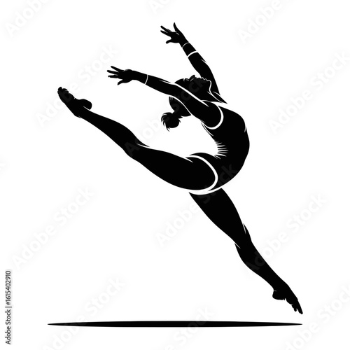 Silhouette of a female gymnast performing a split leap isolated on white background