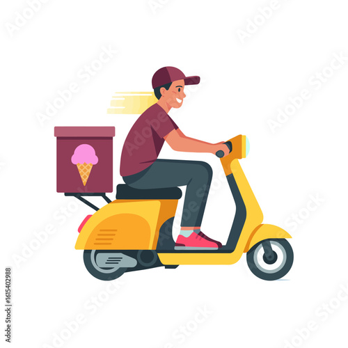 Man delivering ice cream on a scooter isolated on white background