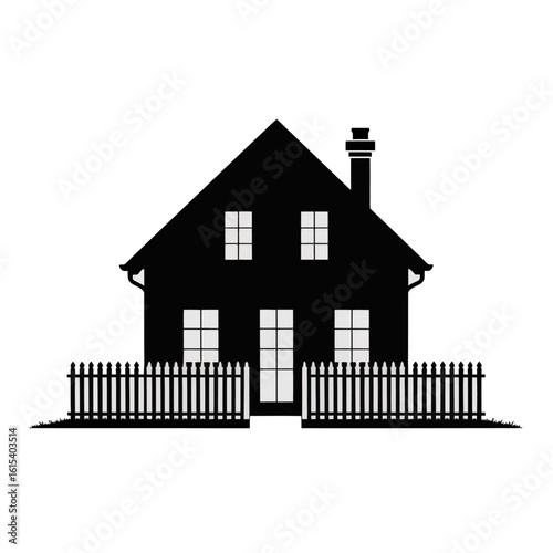 Silhouette of a classic house with a picket fence isolated on white background