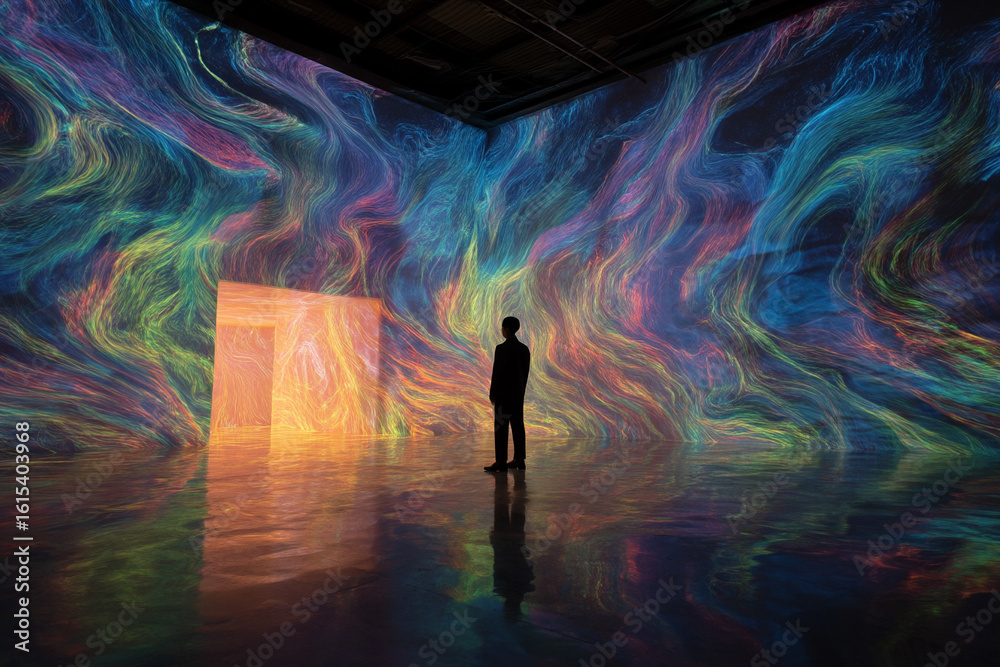 A holographic interface set in a crystal room with swirling colors and interactive projections A holographic interface set in a crystal room with swirling colors and interactive projections