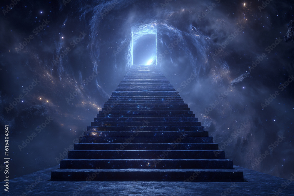 Fototapeta premium A celestial staircase made of shimmering crystal steps leading into a glowing portal in space