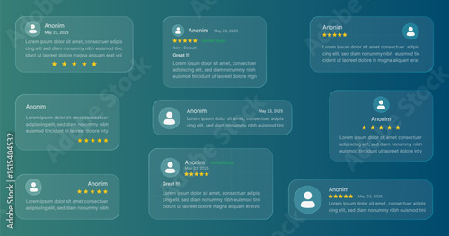 Customer review testimonials, product rating with liquid glass design