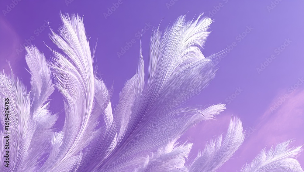 Fototapeta premium Delicate white feathers against a soft purple gradient