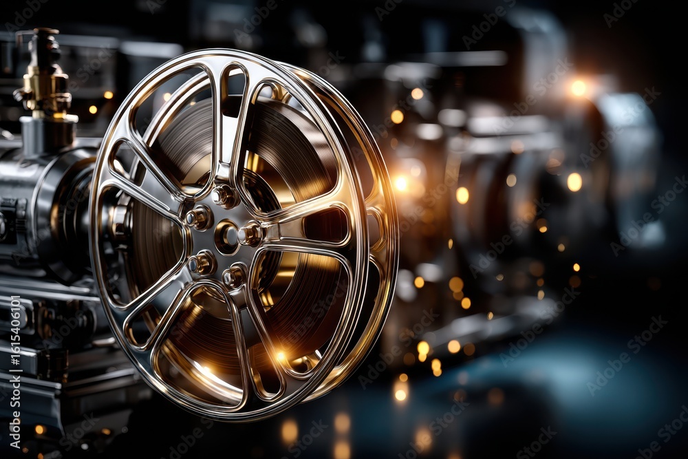 Fototapeta premium Elegant film reel shining against a blurred cinematic background in a modern studio
