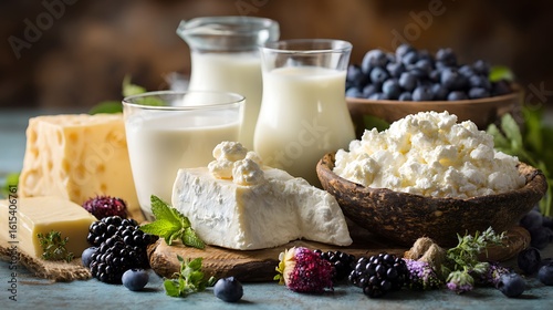 Dairy products including milk, cheese, and yogurt on a wooden table for a healthy breakfast