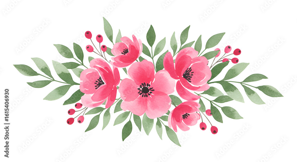 Obraz premium Watercolor floral arrangement featuring pink flowers, green leaves, and red berries