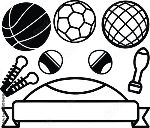 A comprehensive vector set of sports icons featuring balls for football, basketball, soccer, tennis, baseball, volleyball, golf, rugby, and bowling equipment, perfect for game and team design