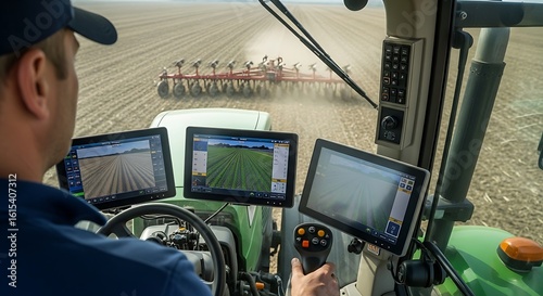 A farmer inside a high-tech tractor cabin, with multiple GPS screens displaying field data. The shot is from over his shoulder, focusing on the screens and his hand on a joystick control.