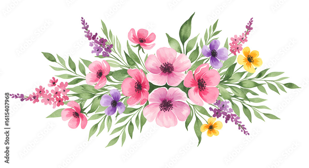 Fototapeta premium Watercolor floral arrangement with pink, purple and yellow blossoms on white background