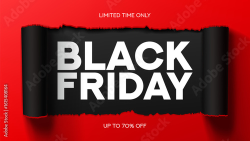 Black Friday sale banner template. Realistic red and black strip of torn paper with lettering Black Friday and discount offer. Design template for Black Friday sale, promotion, ads and social media.