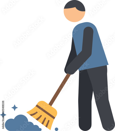 Man sweeping floor with broom in flat style