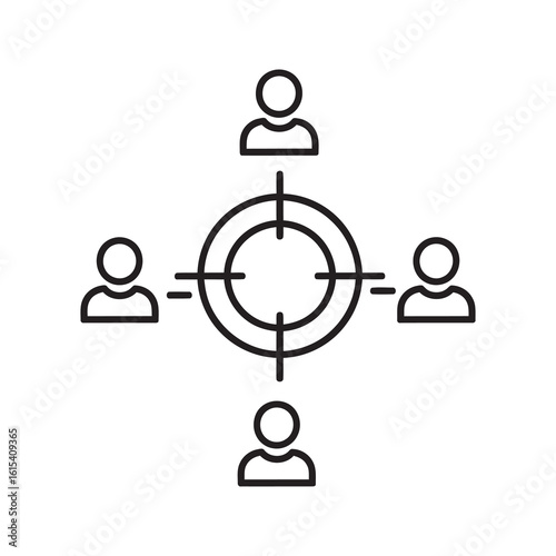 Target audience icon with people around a focus point representing marketing strategy and customer segmentation for business growth line vector stroke