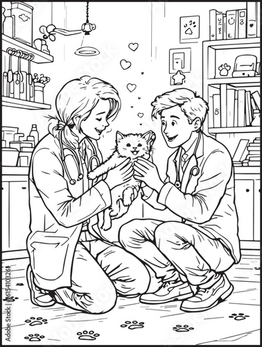 Animal-themed coloring page for kids and adults: Animal at the vet clinic: Vet checking a cute funny cat