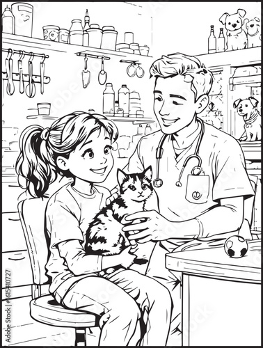 Animal-themed coloring page for kids and adults: Animal at the vet clinic: Vet checking a cat