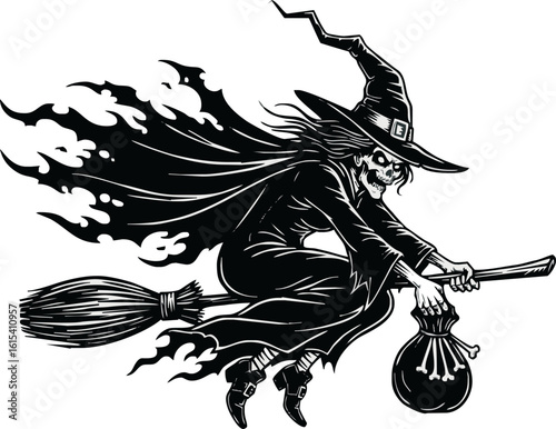 A menacing witch with a skeletal face flying on a broomstick, carrying a bag of bones.