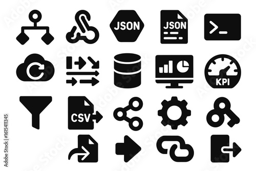 Data, analytics solid icon set. database, csv, cloud computing, json icons collection