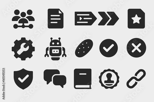 Business and technology solid icon set. management, development, tools collection
