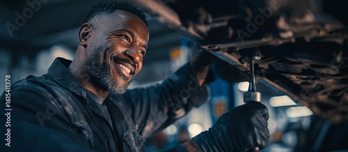 Wallpaper Mural Auto mechanic Latina immigrant works on a car's undercarriage, using a wrench and wearing gloves. He smiles while focused on the task in a auto shop. Emigration to another country. Copy space Torontodigital.ca