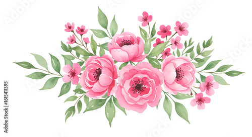 Watercolor illustration of pink flowers and green leaves isolated on white background