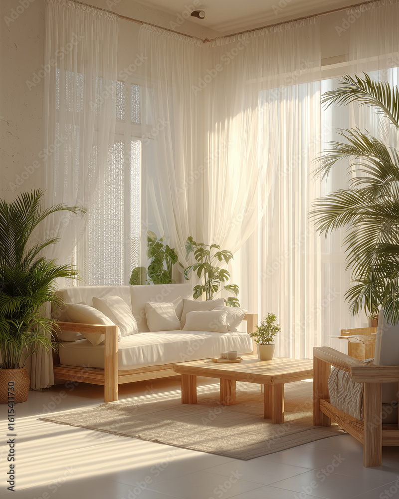 Fototapeta premium Cozy minimalist living room with neutral tones, wooden furniture, potted plants, sunlight through sheer curtains