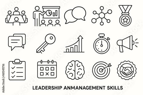 Leadership and management skills icon set. outline style business icons collection