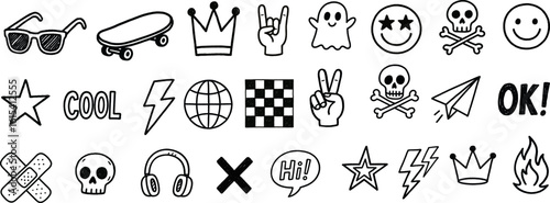 Hand Drawn Doodle Icon Set – Sunglasses, Skateboard, Crown, Rock Hand, Ghost, Smiley, Skull, Star, Cool Text, Lightning, Globe, Checkerboard, Peace, Paper Airplane, OK, Bandages, Headphones, Hi Speech