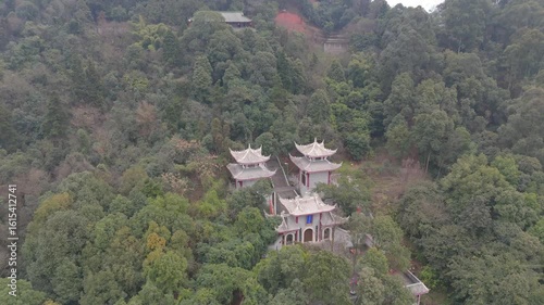 Aerial View of LaoJun Mountain with Taoist Temple and Winding Mountain Paths