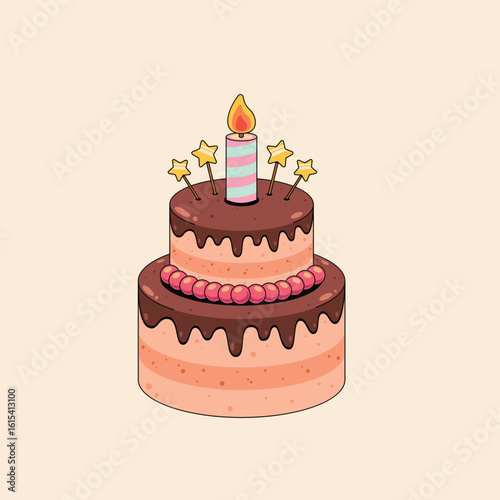 Whimsical two-tiered birthday cake illustration with chocolate frosting and a single lit candle, a sweet dessert icon for a festive celebration party.