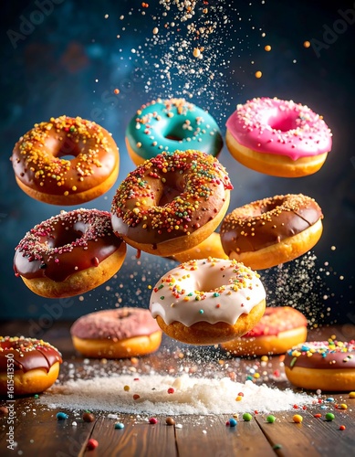 Colorful donuts in mid-air, sprinkled with confectionery