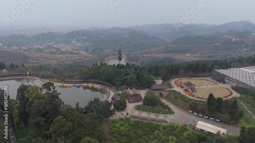 Aerial View of LaoJun Mountain with Taoist Temple and Winding Mountain Paths