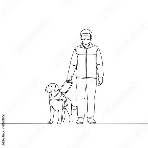 Blind man walking with guide dog in a simple line drawing style  