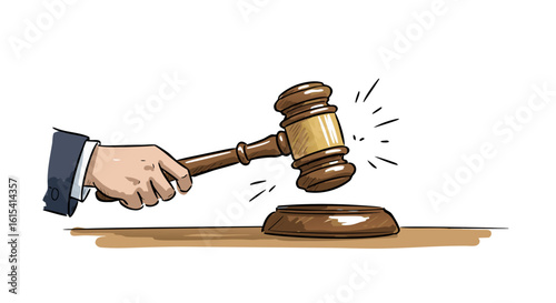 Judge's hand striking gavel on wooden block in courtroom setting  