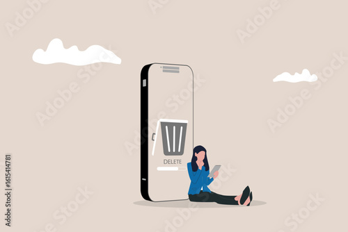 Business woman cleaning mobile phone from trash files. woman removing folder with document, mail, spam to waste bin, cleansing cache