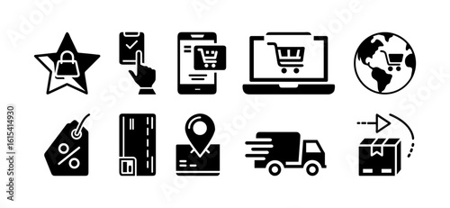 Mobile shopping and delivery icons. Set of modern icons representing mobile commerce and logistics. Phones with carts, delivery truck, parcel, and location pin. Ideal for delivery apps, online stores.