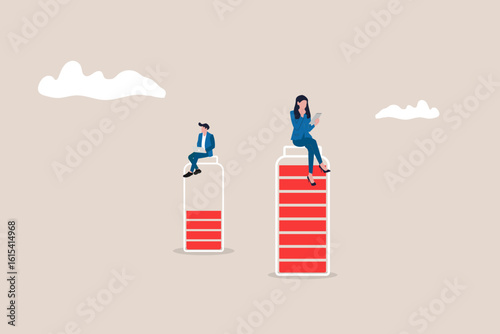 Business people sit on low battery and full battery with laptop. concept of workload and energy balance
