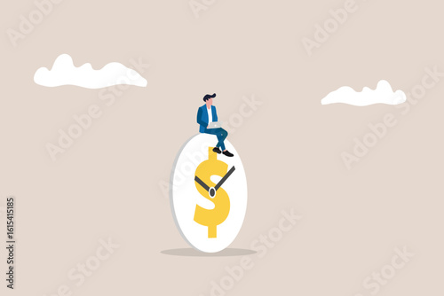 Businessman sitting on clock. concept of time management foresight in managing project deadline opportunity timer countdown progress