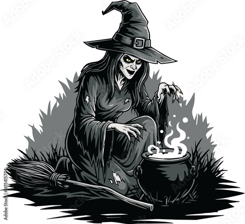 A spooky witch in tattered robes, wearing a pointed hat, concocts a bubbling potion in a cauldron, with a broomstick nearby, set against a grassy background.