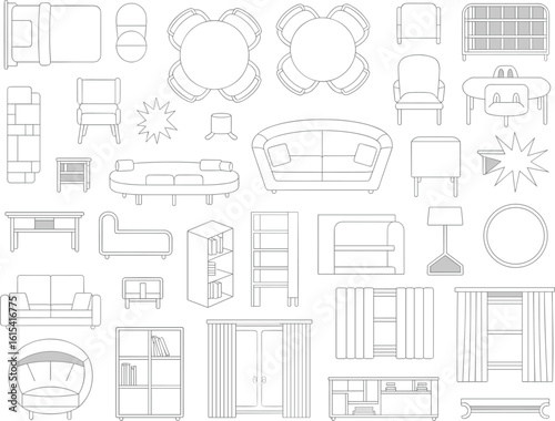 Black and white line art floor plan, top view interior layout, dining room, living area, furniture arrangement, architectural blueprint