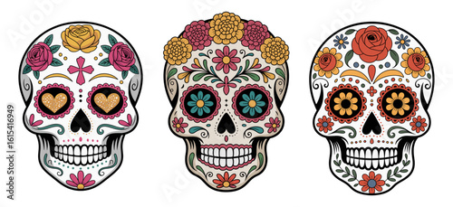 Set of colorful traditional sugar skulls with floral and geometric decorations, isolated on transparent background. Perfect for Día de los Muertos or festive design themes