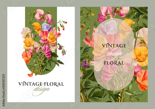 Vintage vector illustration with colorful sweet pea flowers on a changeable background. Floral design template for wedding invitation, greeting card, notebook cover, flyer or certificate.