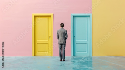 Abstract background, Businessman standing in front of door, A businessman standing in front of doors thinking which one to choose.