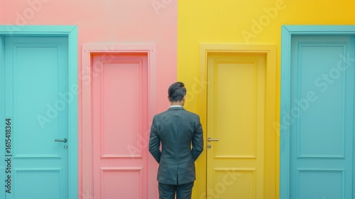 Abstract background, Businessman standing in front of door, A businessman standing in front of doors thinking which one to choose.