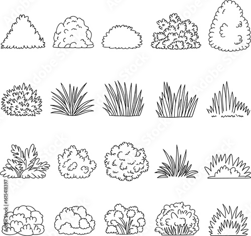 Set of 20 black and white line art bushes, minimalist shrub illustrations, landscape design elements, plant icons, garden sketch collection