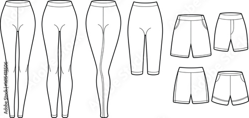 Set of pants and shorts technical flat sketches, front and back view, vector apparel template, fashion design illustration for clothing