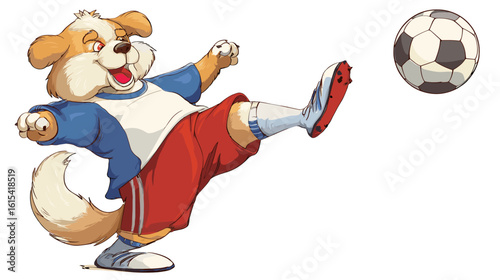 A Cartoon dog kicking the ball.