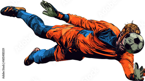 A football goalkeeper makes a dynamic save with determination and focus.