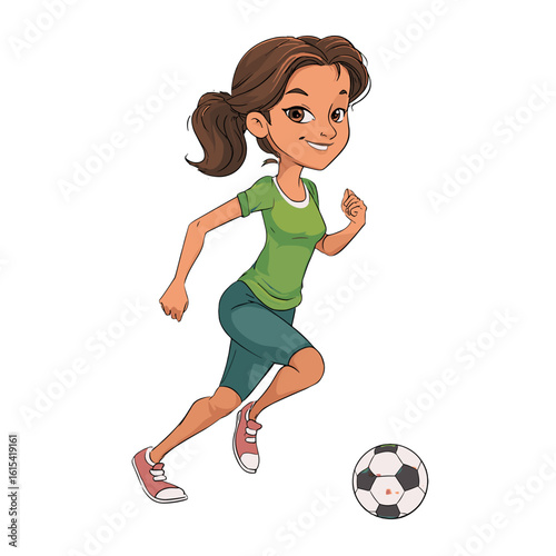 A young girl joyfully playing soccer.