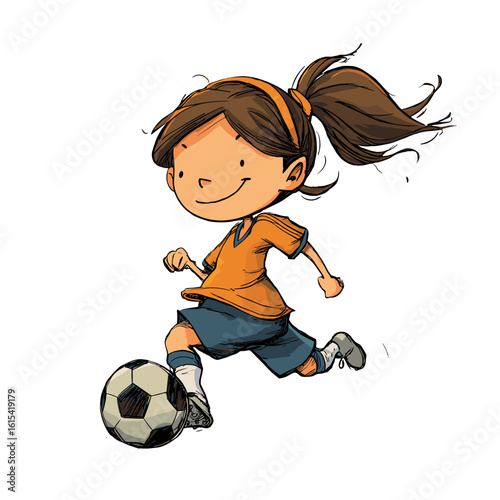Illustration of a girl playing soccer with joy.